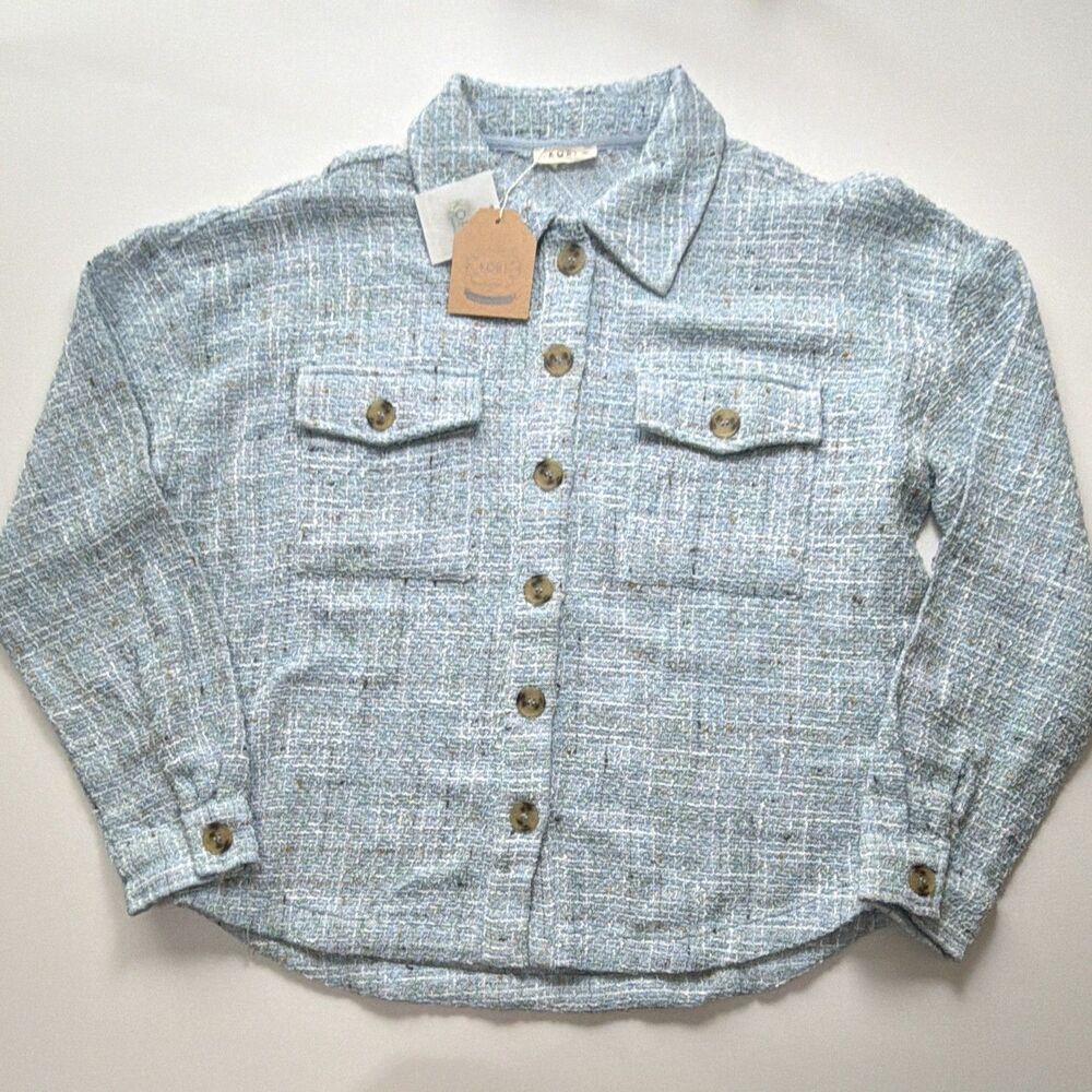 Kori Women's M Blue Tweed Collared Button Front Shirt w Pockets